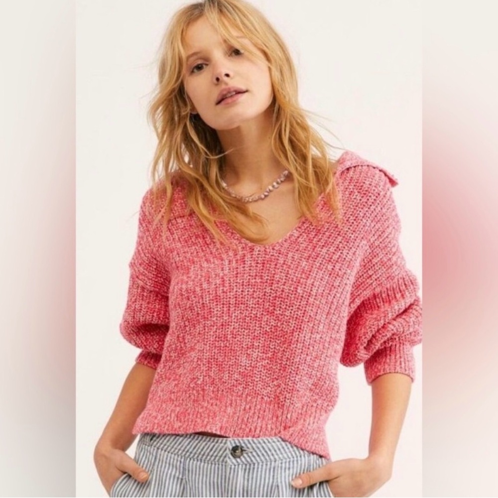 Free People Love This City Pink Collared Cropped Knit Sweater